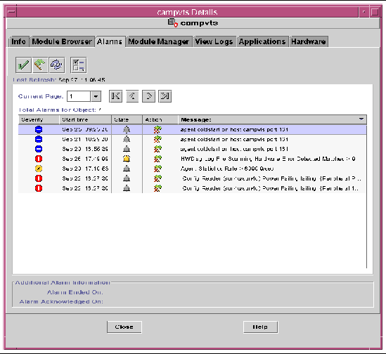 Screen shot showing the alarms tab and alarm data.