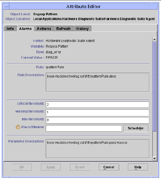 Screen shot of the Attribute Editor's Alarms panel.