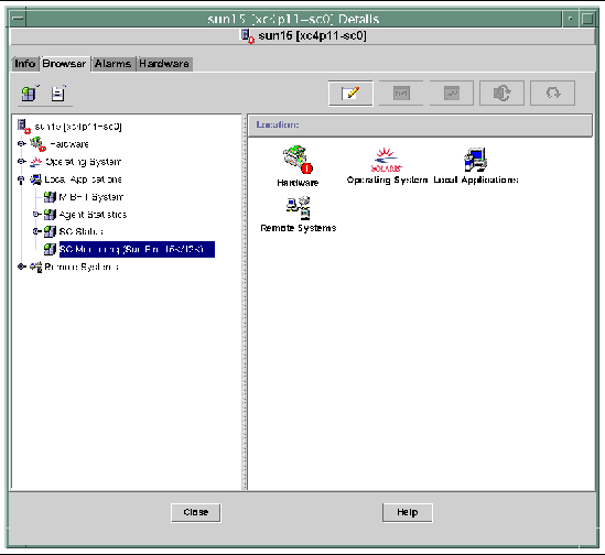 Screen capture of the Browser tab in the platform host Details window, showing the SC Monitoring icon. 