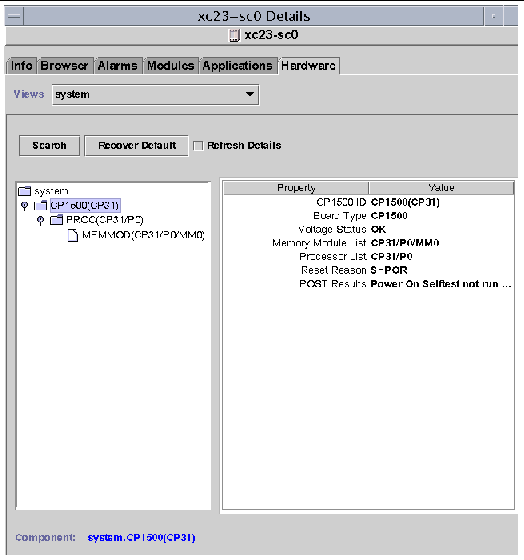 Screen capture of sample system Logical View for the Sun Fire 15K/12K. 