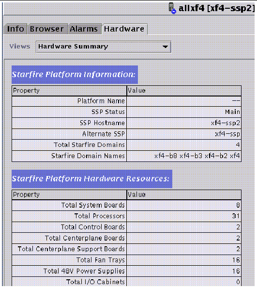 Screen capture showing Starfire platform information and hardware resource summary in the Details window. 