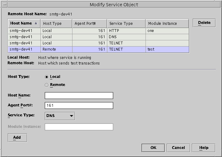 Dialog box titled Modify Service Object. The preceding context describes the graphic.