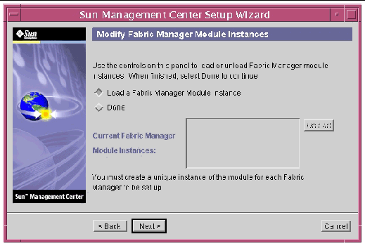 Screen capture of the first Modify Fabric Manager Module Instances panel. 