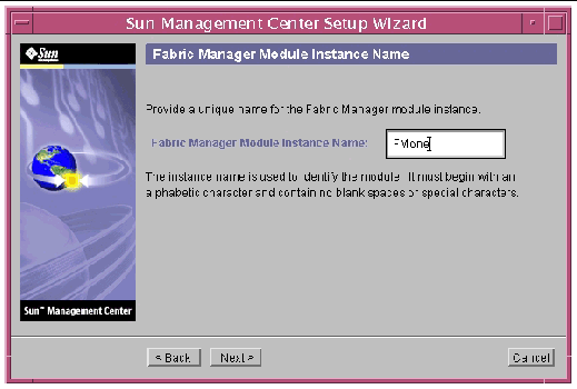Screen capture of the Fabric Manager Module Instance Name panel. 