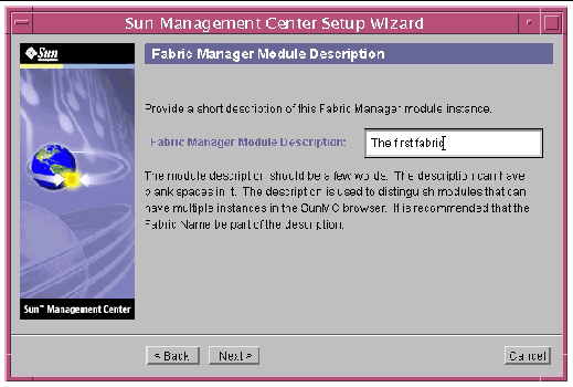 Screen capture of the Fabric Manager Module Description panel. 
