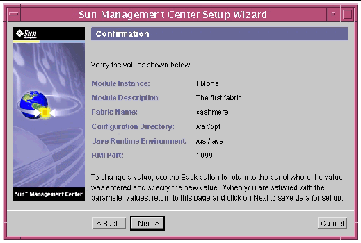 Screen capture of the Fabric Manager Module Instance Confirmation panel. 