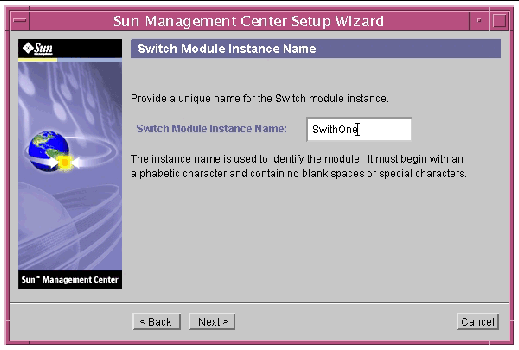 Screen capture of the Switch Module Instance Name panel. 