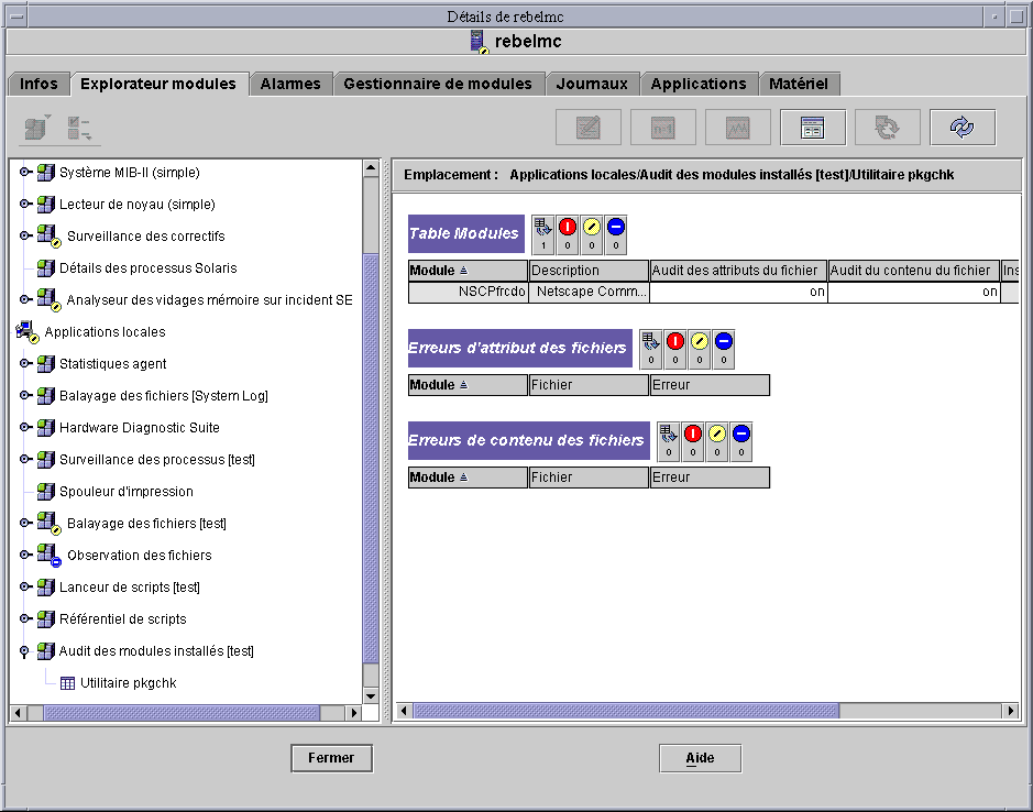 L'Explorateur modules avec la table Modules et le menu. Le contexte décrit le graphique.