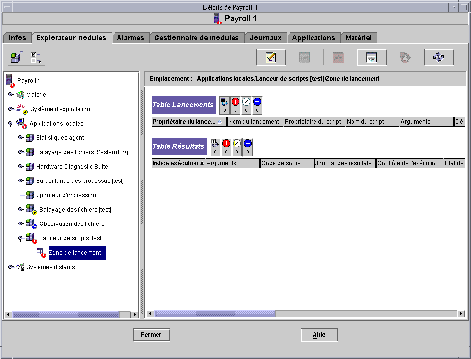 L'Explorateur modules avec le Lanceur de scripts et les tables. Le contexte décrit le graphique.