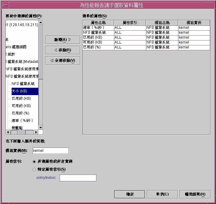 標題為「為性能報告請求選取資料屬性」的對話方塊。上文有說明該圖形。