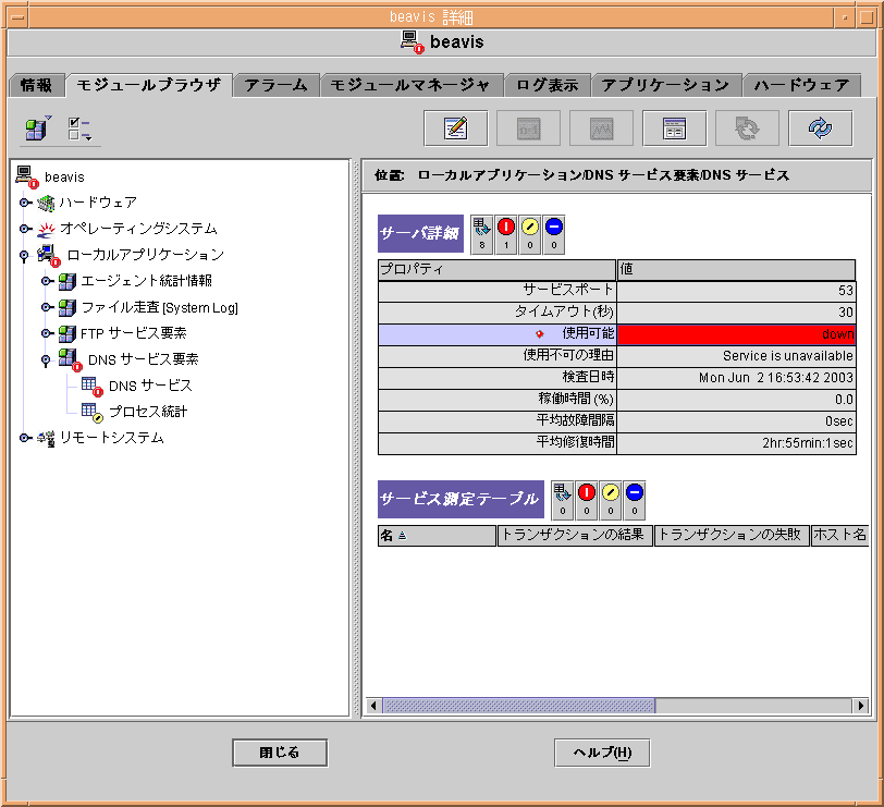 DNS サービス要素モジュールのダイアログボックス。図内のテキストで図の内容が理解できます。