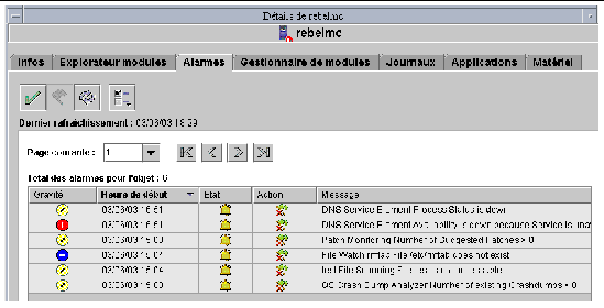 Screen shot showing the alarms tab and alarm data.