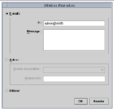 Screen shot showing the Action Selection panel. Options are send email, take other action such as a script, or clear actions..