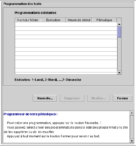 Screen shot showing the scheduling panel. Existing schedules are displayed. Buttons are New, Delete, Modify, and Close.