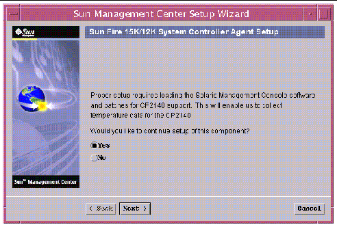 Screen capture of the Sun Fire 15K/12K System Controller (CP 2140) Agent Setup panel. 