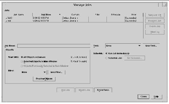 Screen capture of the Manage Jobs panel. 