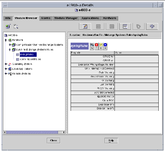 Screen capture of the Sun Fire midrange systems rules tables in the Browser tab of the Details window. 