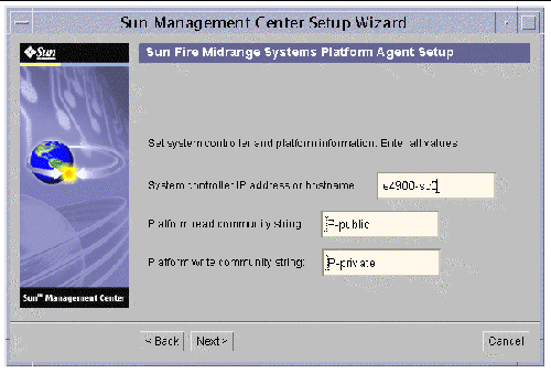 Screen capture of the Sun Management Center Setup Wizard, displaying the platform configuration panel. 