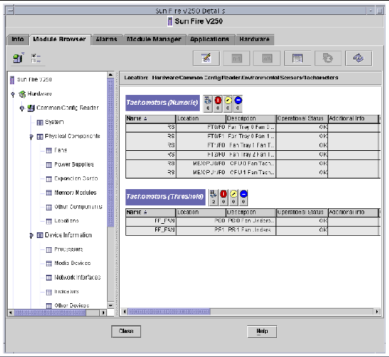 Screen shot of a browser view for the Sun Fire V250 showing physical components, device information and environmental sensors.