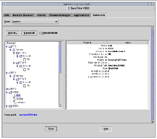 Screen shot of part of the logical view for the Sun Fire V250.