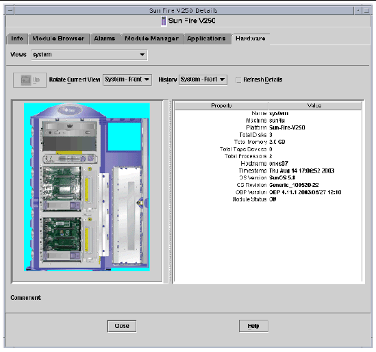 Screen shot showing the front physical view for the Sun Fire V250.