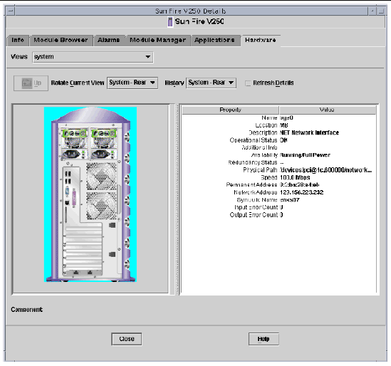 Screen shot showing the rear physical view for the Sun Fire V250.