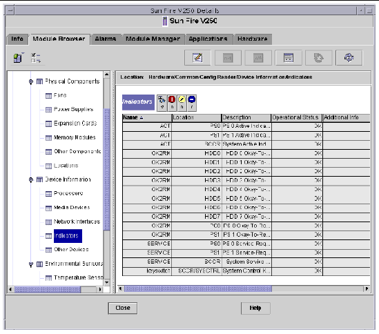 Screen shot showing part of the Sun Fire V250 Logical Device table, including name, location and description columns.