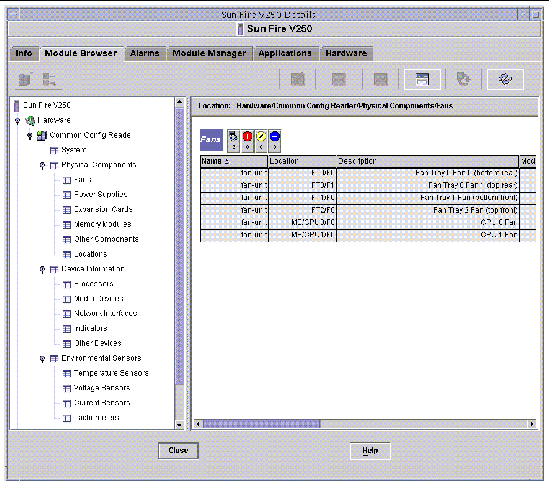 Screen shot of the Sun Fire V250 physical components showing Location and Description columns.