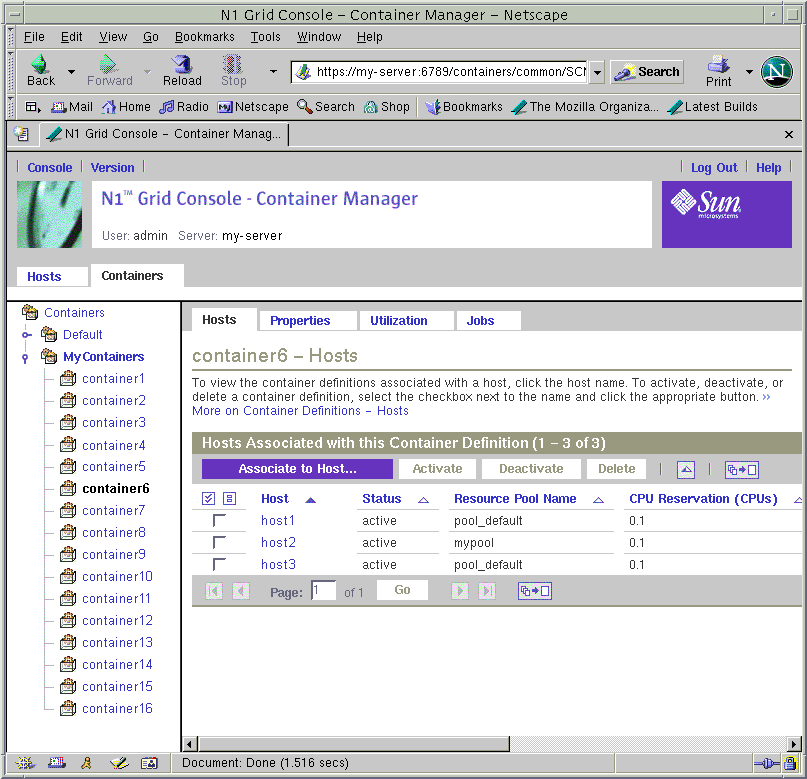 Screen capture of Hosts Associated with this Container Definition table. Surrounding text describes the context.
