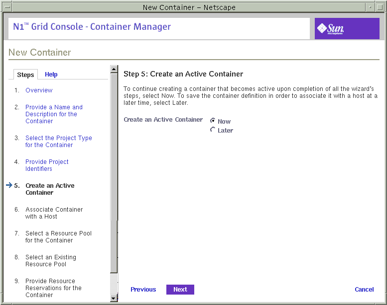 Screen capture of New Container wizard. Surrounding text describes the context.