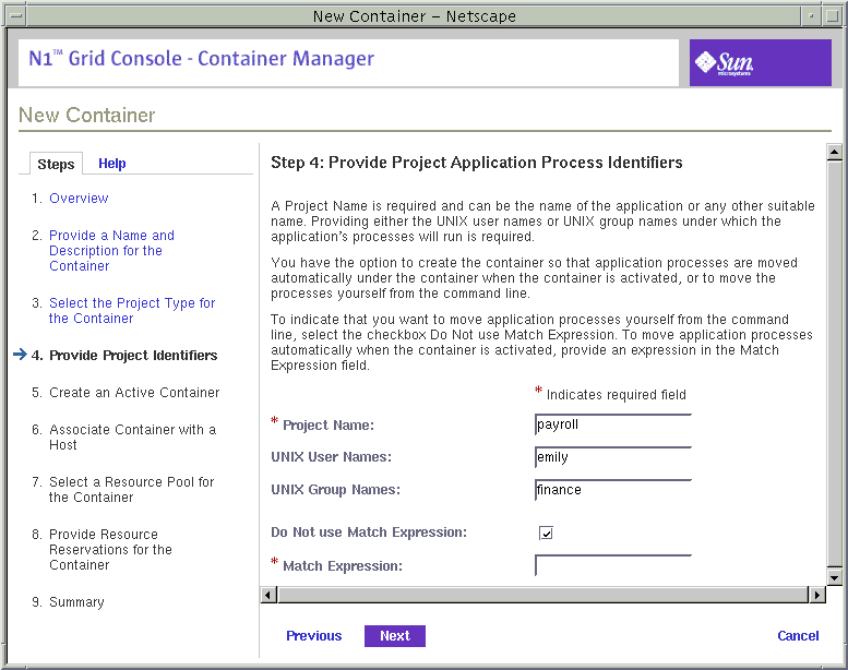 Screen capture of New Container wizard project identifiers panel. Surrounding text describes the context.