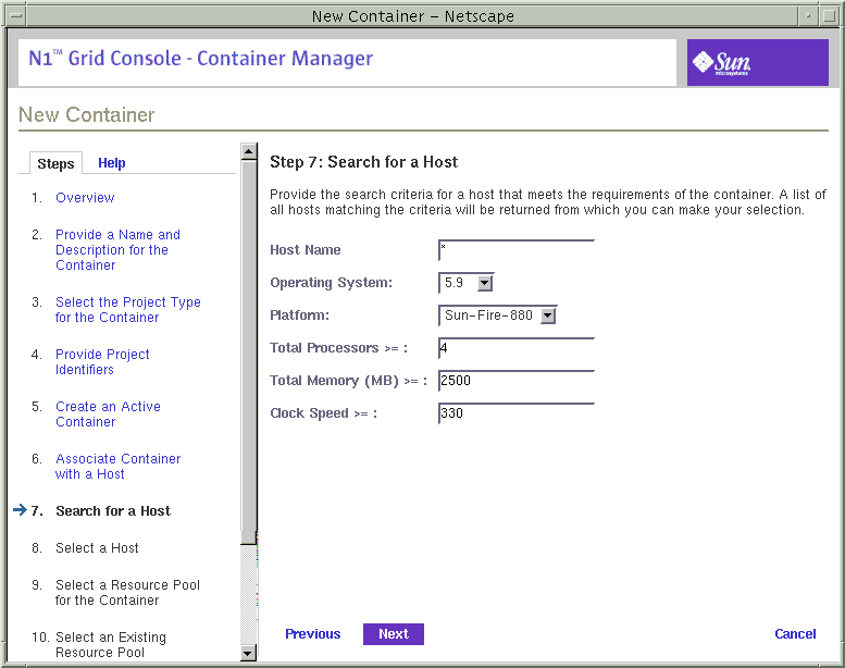 Screen capture of an example of the completed Search for Host panel. Surrounding text describes the context.
