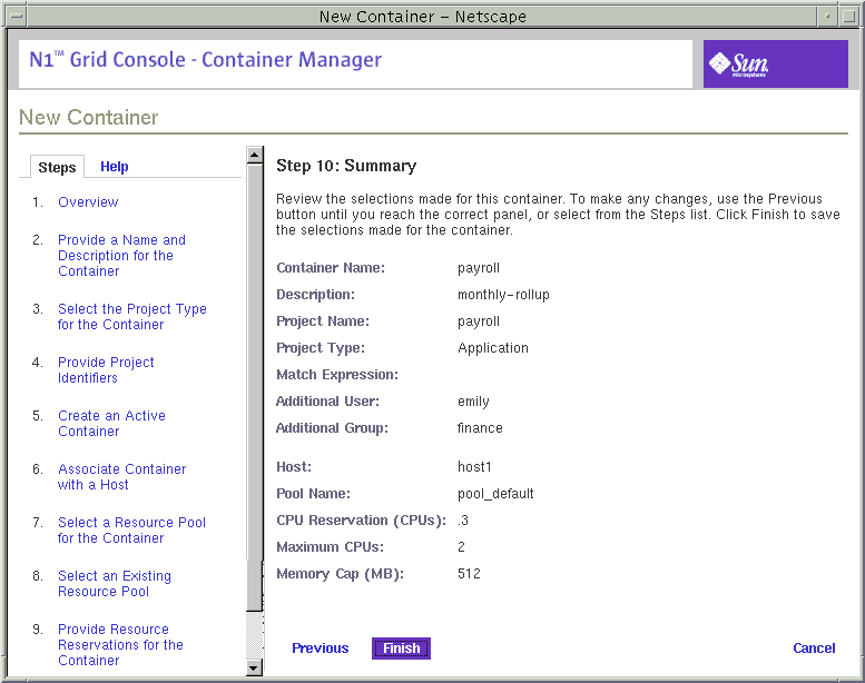 Screen capture of New Container wizard. Surrounding text describes the context.