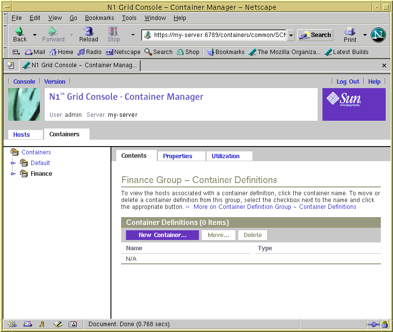 Screen capture of the Containers View showing the New Container button. Surrounding text describes the context.