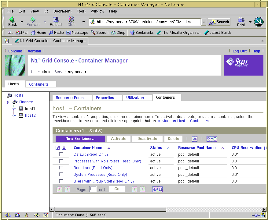 Screen capture of Hosts view showing the New Container button. Surrounding text describes the context.