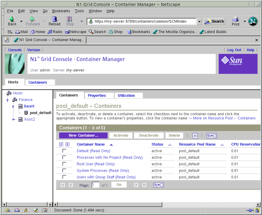 Screen capture of Hosts view showing the New Container button. Surrounding text describes the context.