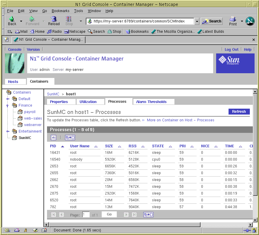 Screen capture of Processes Table in Containers View for an active container. Surrounding text describes the context.