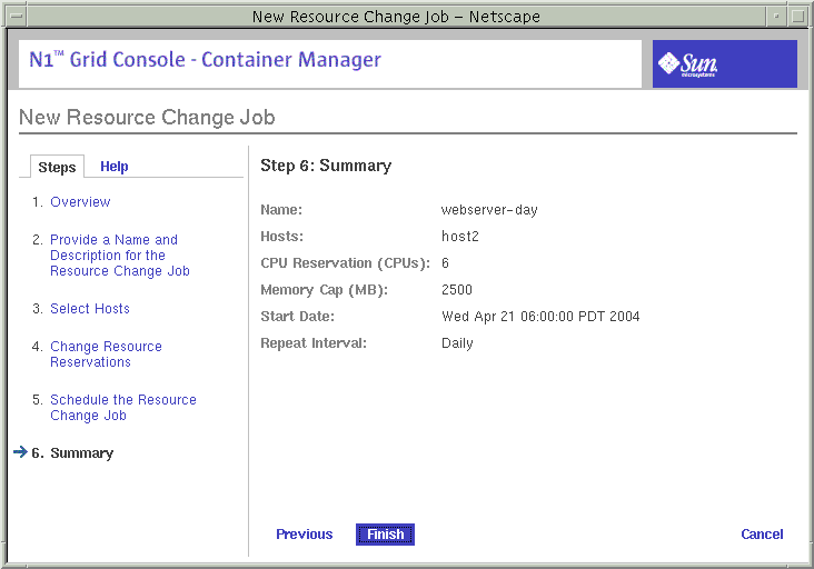 Screen capture of Summary panel in Resource Change Job wizard. Surrounding text describes the context.