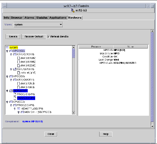 Screen capture of sample domain Logical View for the Sun Fire high-end systems. 