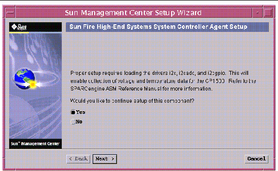 Screen capture of the Sun Fire High-End System Controller (CP 1500) Agent Setup panel. 