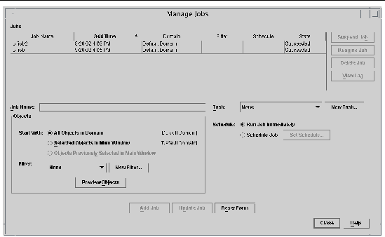 Screen capture of the Manage Jobs panel. 