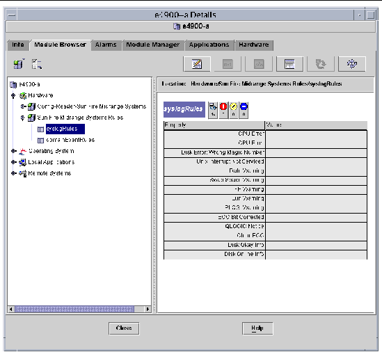 Screen capture of the Sun Fire midrange systems rules tables in the Browser tab of the Details window. 