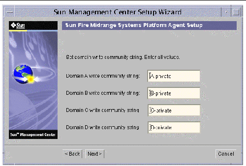 Screen capture of the Sun Management Center Setup Wizard, displaying the domain community configuration panel. 