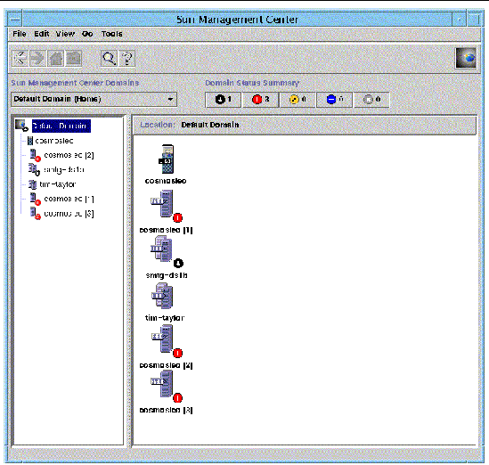 Screen capture of the main console window showing an administrative domain that contains multiple hosts.