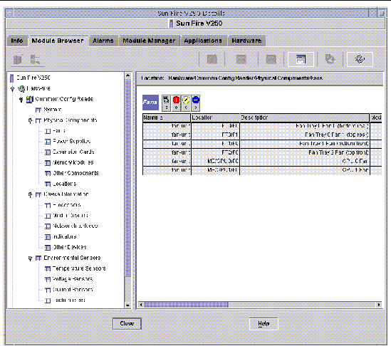 Screen capture of the Sun Fire V250 physical components showing Location and Description columns.