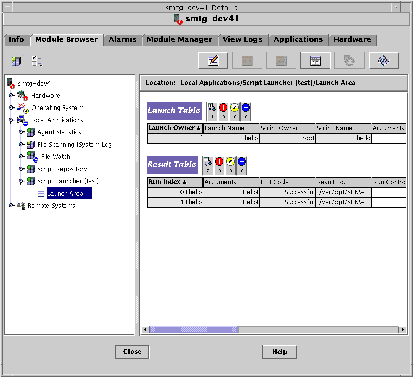 Launch table and Result table of the Script Launcher module