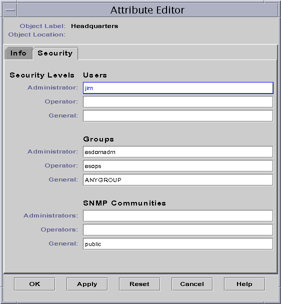 Attribute Editor window with Security tab selected shows one
administrator user, default groups, and default SNMP communities.