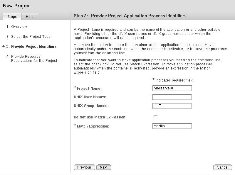 Project Application Process Identifiers in New Project Wizard