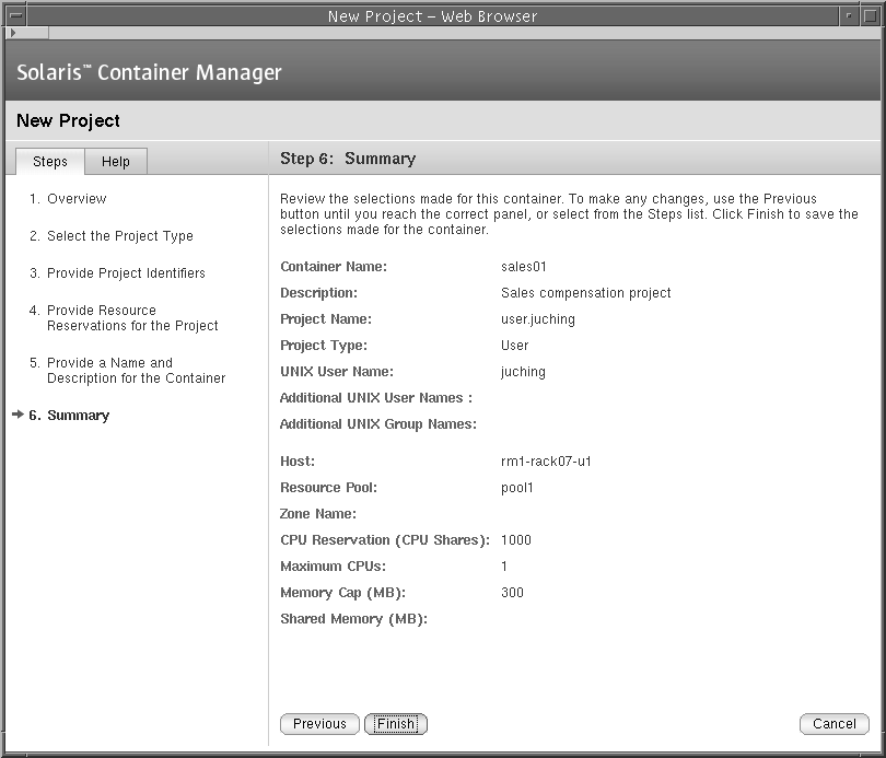 Project summary screen