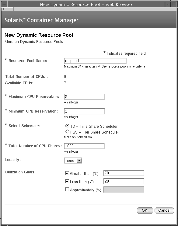 Attributes to create a resource pool on a Solaris 10 host